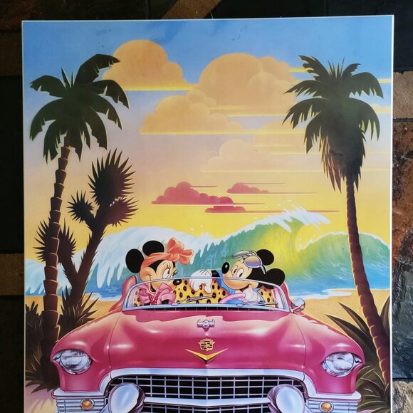 Vintage Disney’s Mickey and Minnie Pink Cadillac Wallboard Print/Lithograph-1990 - Picture 1 of 3